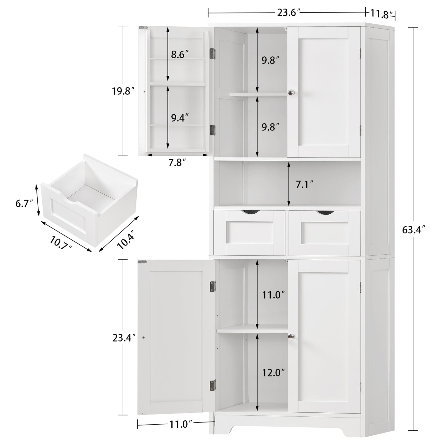 TEENFON Kitchen Pantry Cabinet with Adjustable Shelf, Tall Storage Cabinet with 2 Drawers & 4 Door Shelves, Food Pantry Cabinets, for Kitchen, Dining Room, Living Room, White