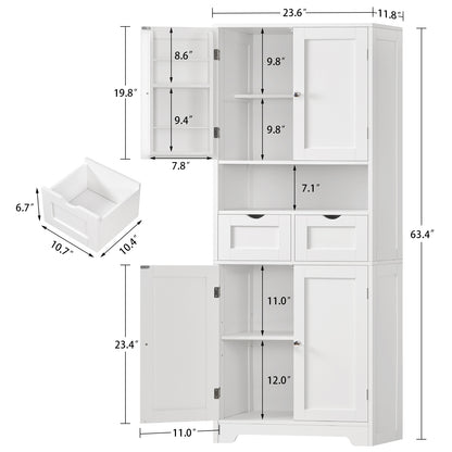 TEENFON Kitchen Pantry Cabinet with Adjustable Shelf, Tall Storage Cabinet with 2 Drawers & 4 Door Shelves, Food Pantry Cabinets, for Kitchen, Dining Room, Living Room, White
