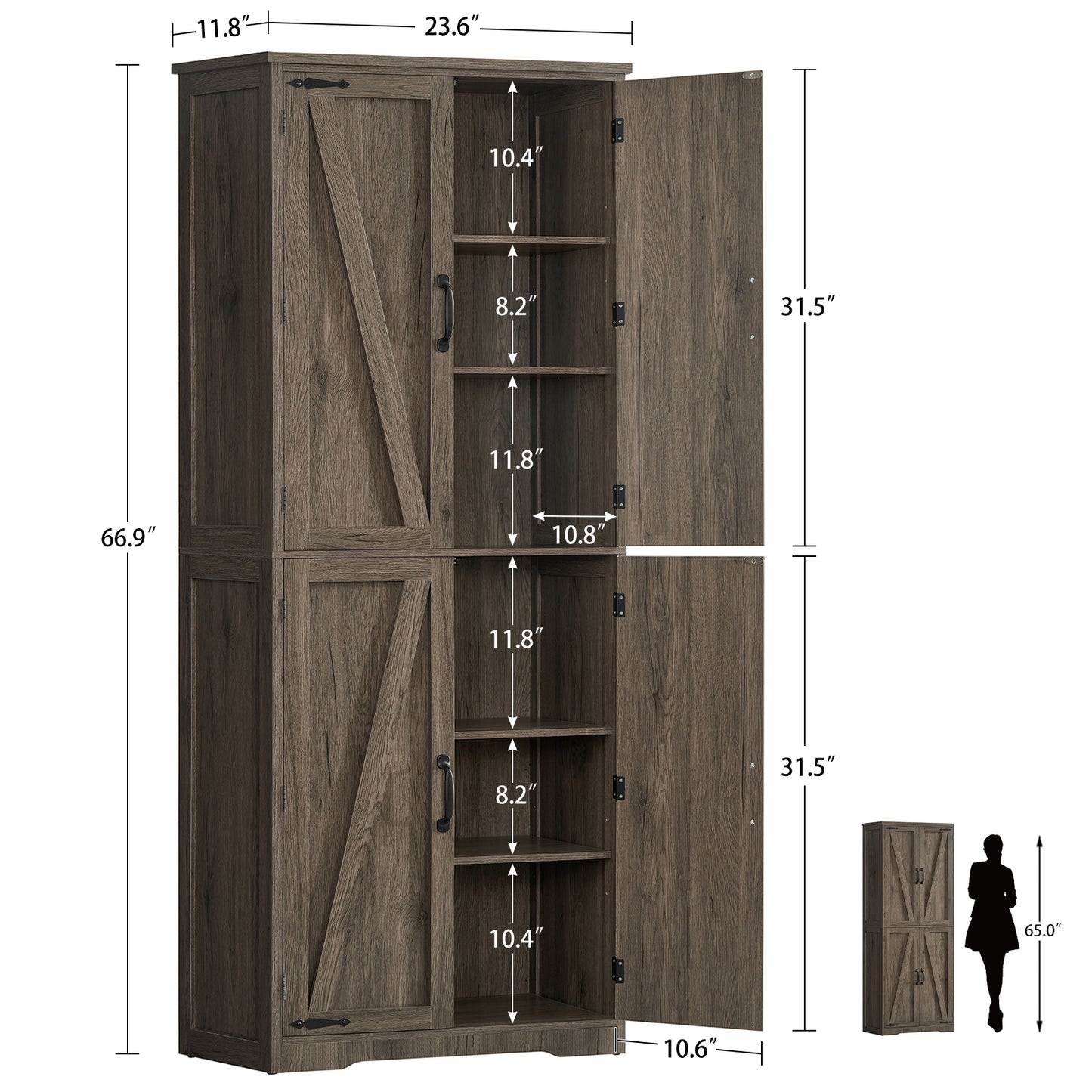 TEENFON 67" Kitchen Pantry Cabinet with 4 Doors, Farmhouse Pantry Cabinet with Adjustable Shelves, Storage Cabinet for Kitchen, Bathroom, Living Room, White