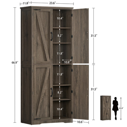 TEENFON 67" Kitchen Pantry Cabinet with 4 Doors, Farmhouse Pantry Cabinet with Adjustable Shelves, Storage Cabinet for Kitchen, Bathroom, Living Room, White