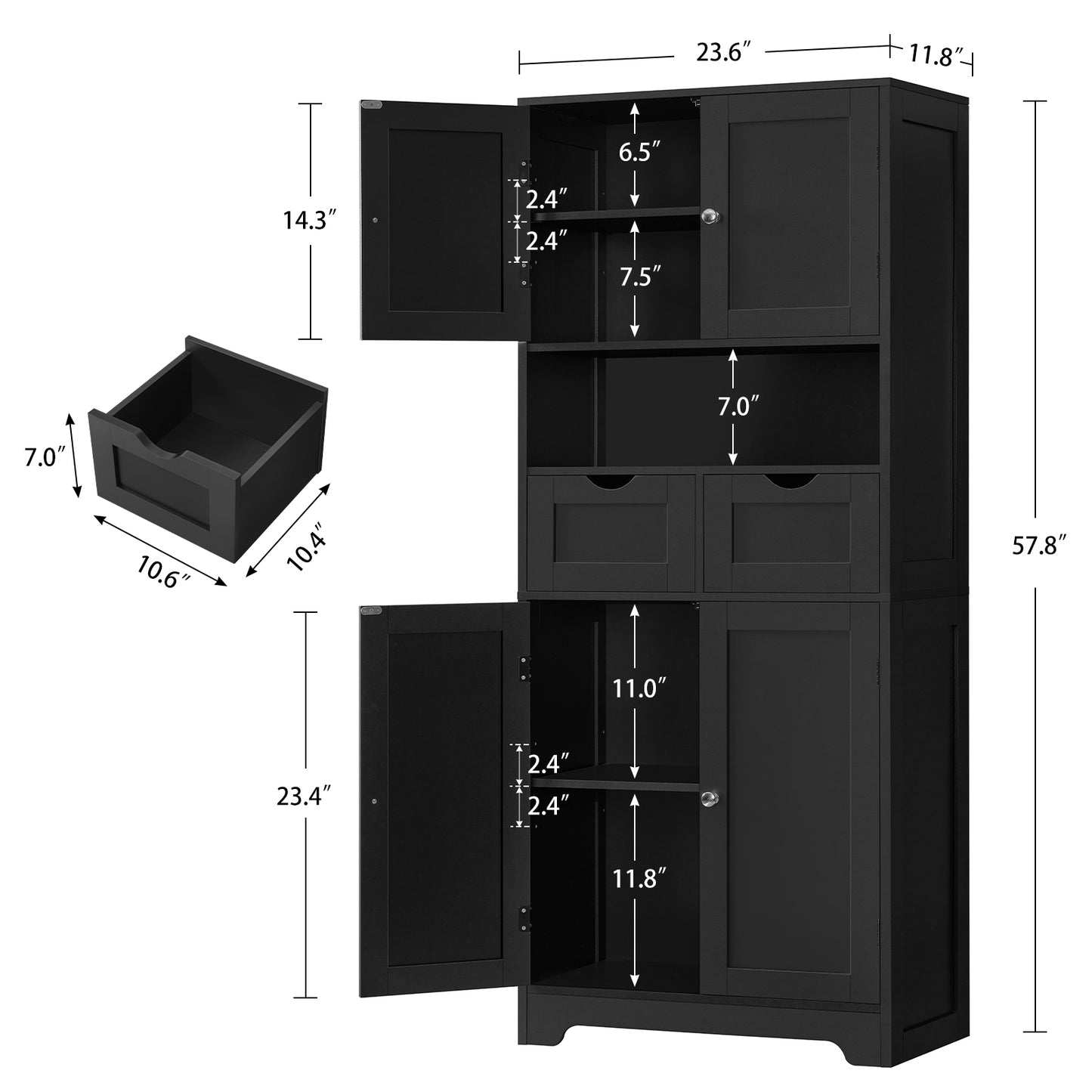 57.8" H Tall Storage Cabinet with 2 Drawers & 2 Adjustable Shelves, Floor Cabinet with 4 Doors, Tall Cabinet for Living Room, Dining Room, Entryway, Black