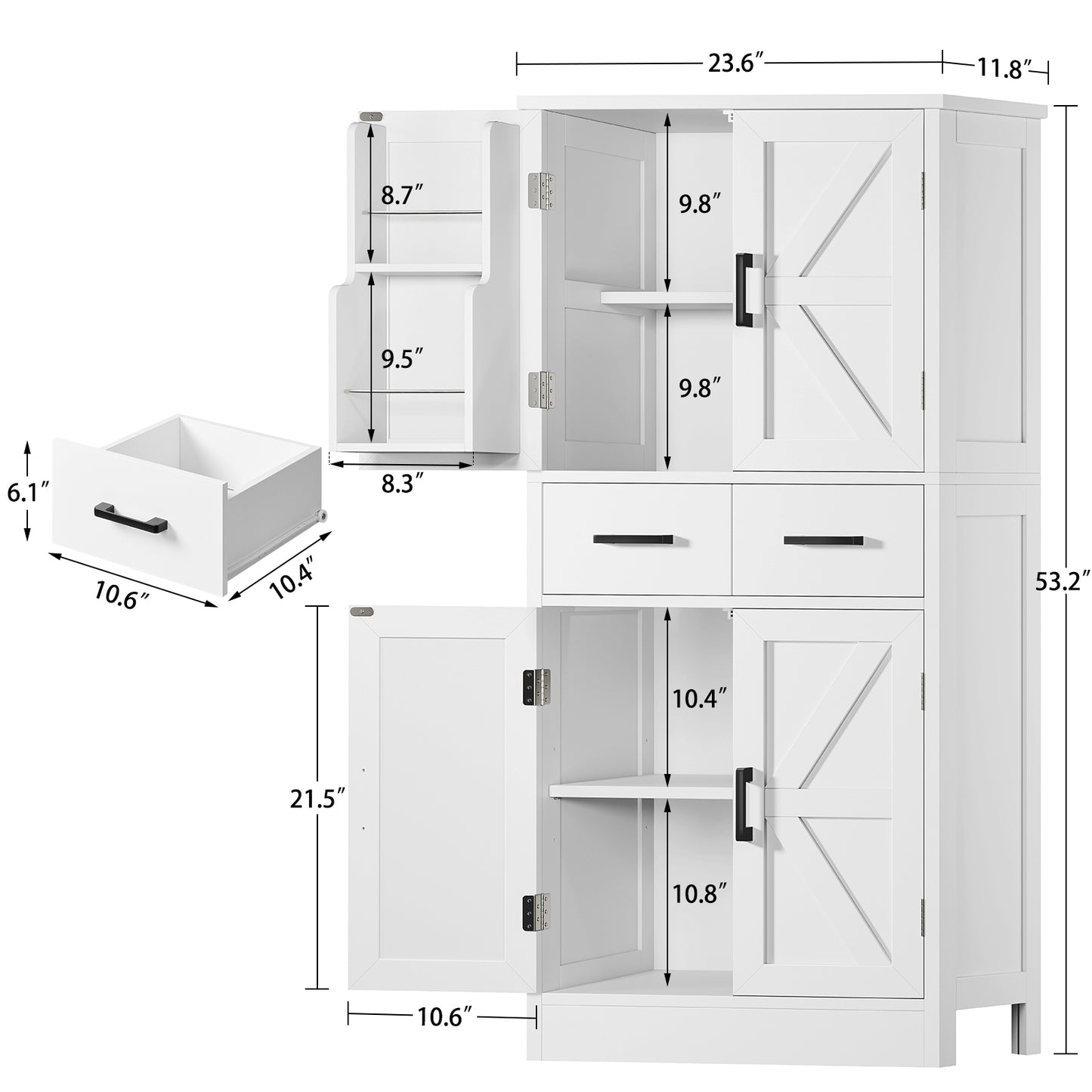 TEENFON 53" H Pantry Cabinet with 2 Drawers, Kitchen Storage Cabinet with 4 Door Shelves, Kitchen Pantry for Living Room, Dining Room, Bathroom, White
