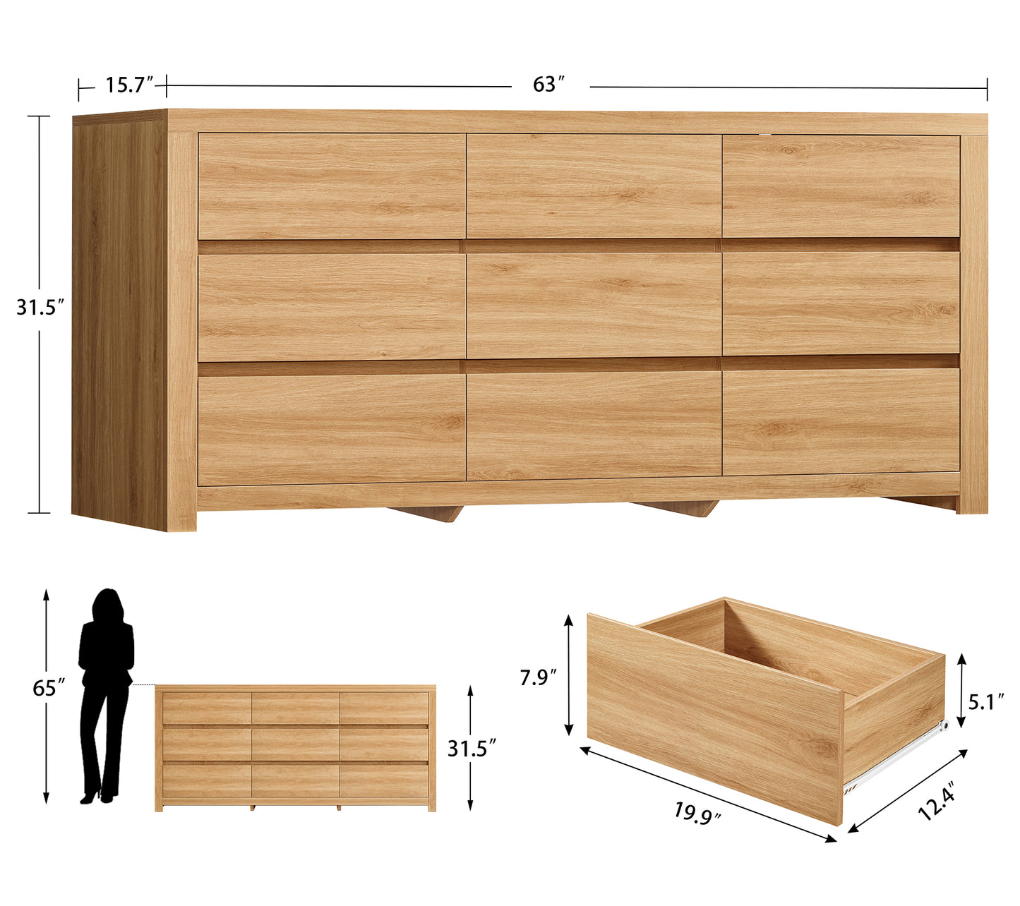 TEENFON 63" Dresser for Bedroom with 9 Drawers, Modern Dressers & Chests of Drawers with Metal Handles, Wooden Dresser TV Stand, Bedroom Dressers for Living Room, Hallway, Natural