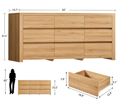 TEENFON 63" Dresser for Bedroom with 9 Drawers, Modern Dressers & Chests of Drawers with Metal Handles, Wooden Dresser TV Stand, Bedroom Dressers for Living Room, Hallway, Natural