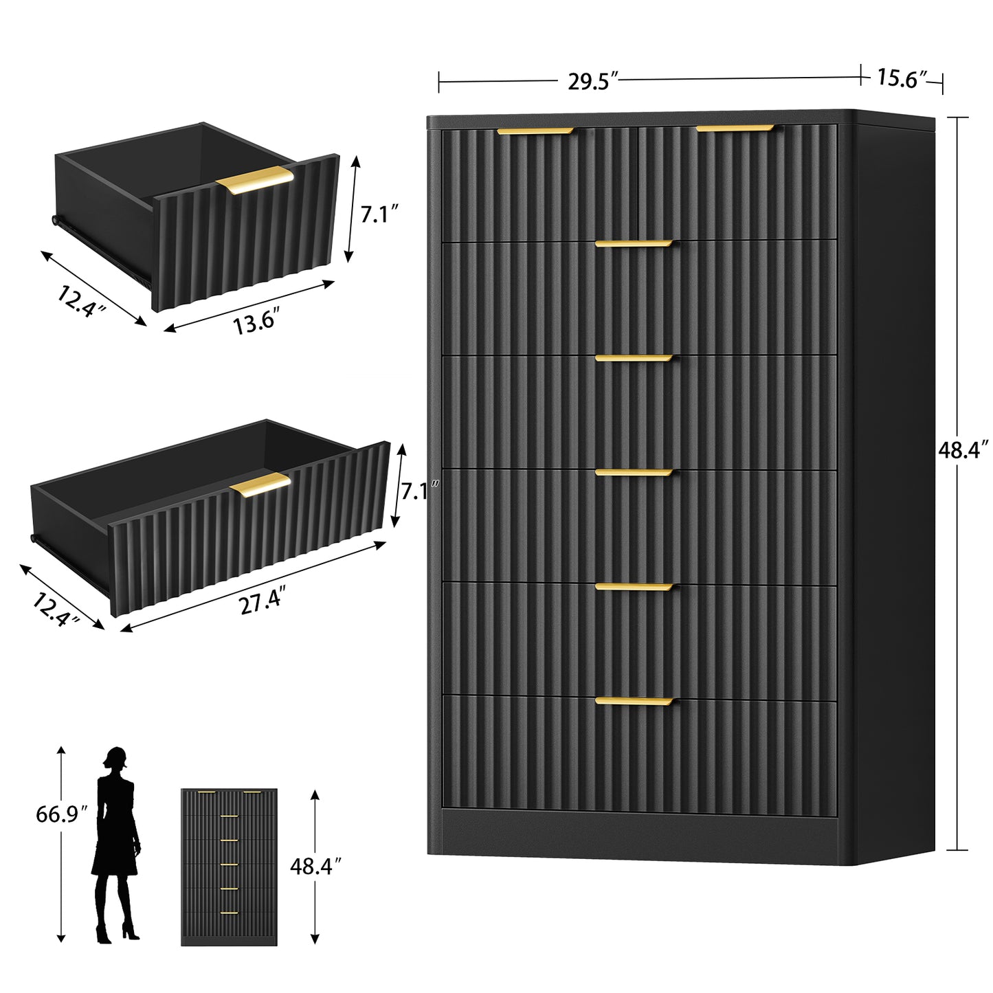 TEENOFN Fluted Dresser for Bedroom with 7 Drawers, 48" Tall Modern Chest of Drawers with Metal Handle, Wooden Dresser TV Stand, Wood Closet Clothes Storage Organizer for Living Room, Hallway, Black