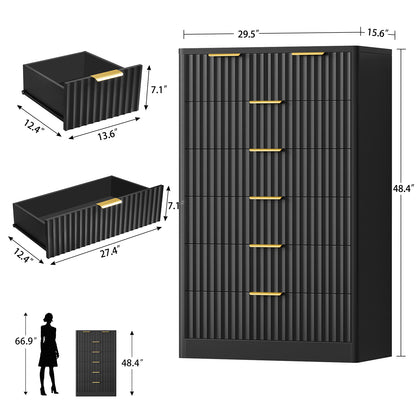 TEENOFN Fluted Dresser for Bedroom with 7 Drawers, 48" Tall Modern Chest of Drawers with Metal Handle, Wooden Dresser TV Stand, Wood Closet Clothes Storage Organizer for Living Room, Hallway, Black