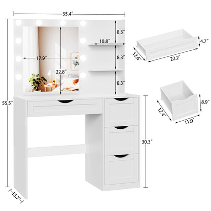 TEENFON Vanity Desk with Mirror and 10 LED Lights, Makeup Vanity Table Set with 4 Drawers, Make Desk Dressing Table with 2 Storage Shelves, Vanity Set 3 Lighting Modes for Bedroom, Girls Vanity,White
