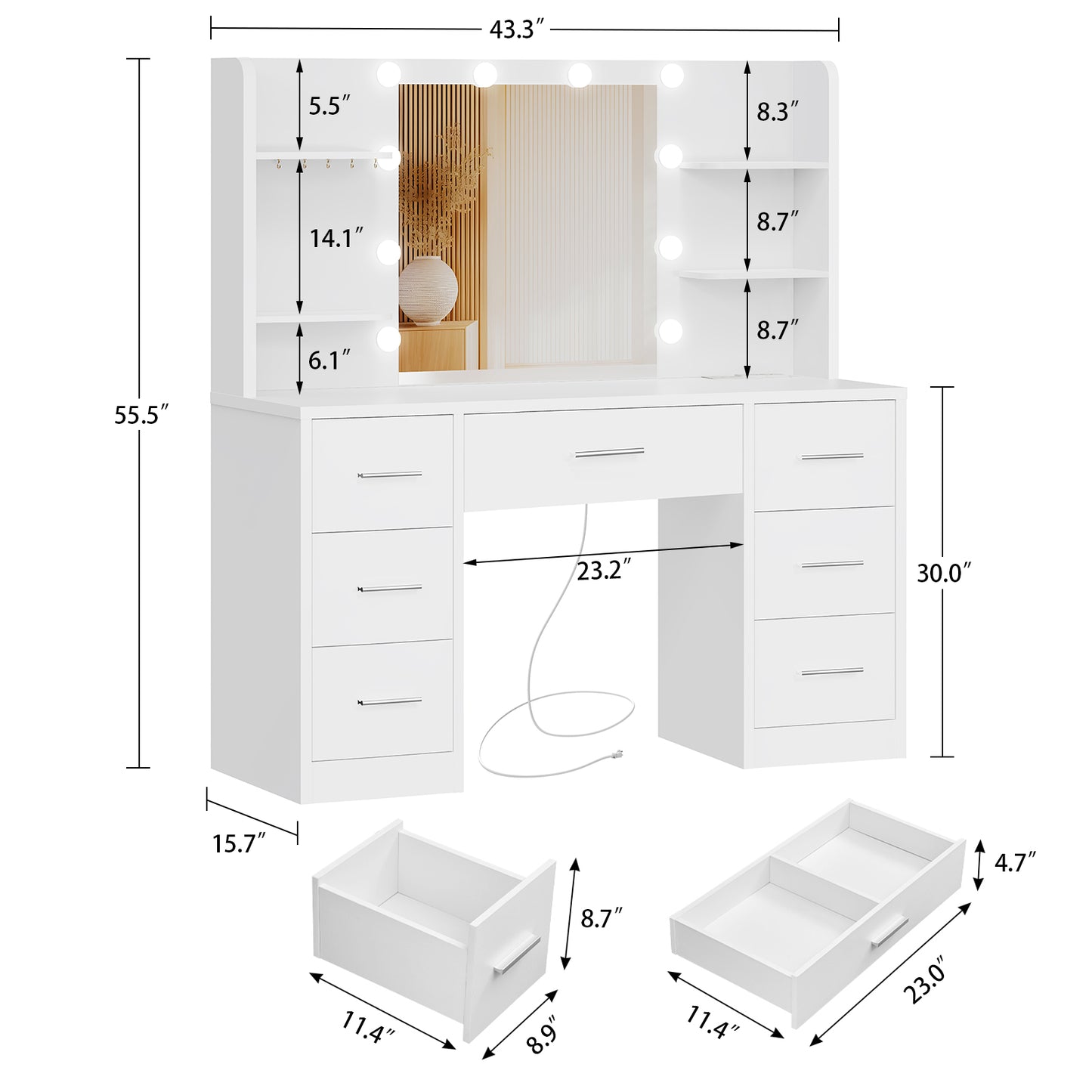 TEENFON Large Vanity Desk with LED Lighted Mirror & Power Outlet,Makeup Vanity Table with 7 Drawers,4 Shelves and 5 Hooks,Vanity Table, Vanity Desk Set for Bedroom,Bathroom,Black