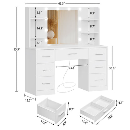 TEENFON Large Vanity Desk with LED Lighted Mirror & Power Outlet,Makeup Vanity Table with 7 Drawers,4 Shelves and 5 Hooks,Vanity Table, Vanity Desk Set for Bedroom,Bathroom,Black