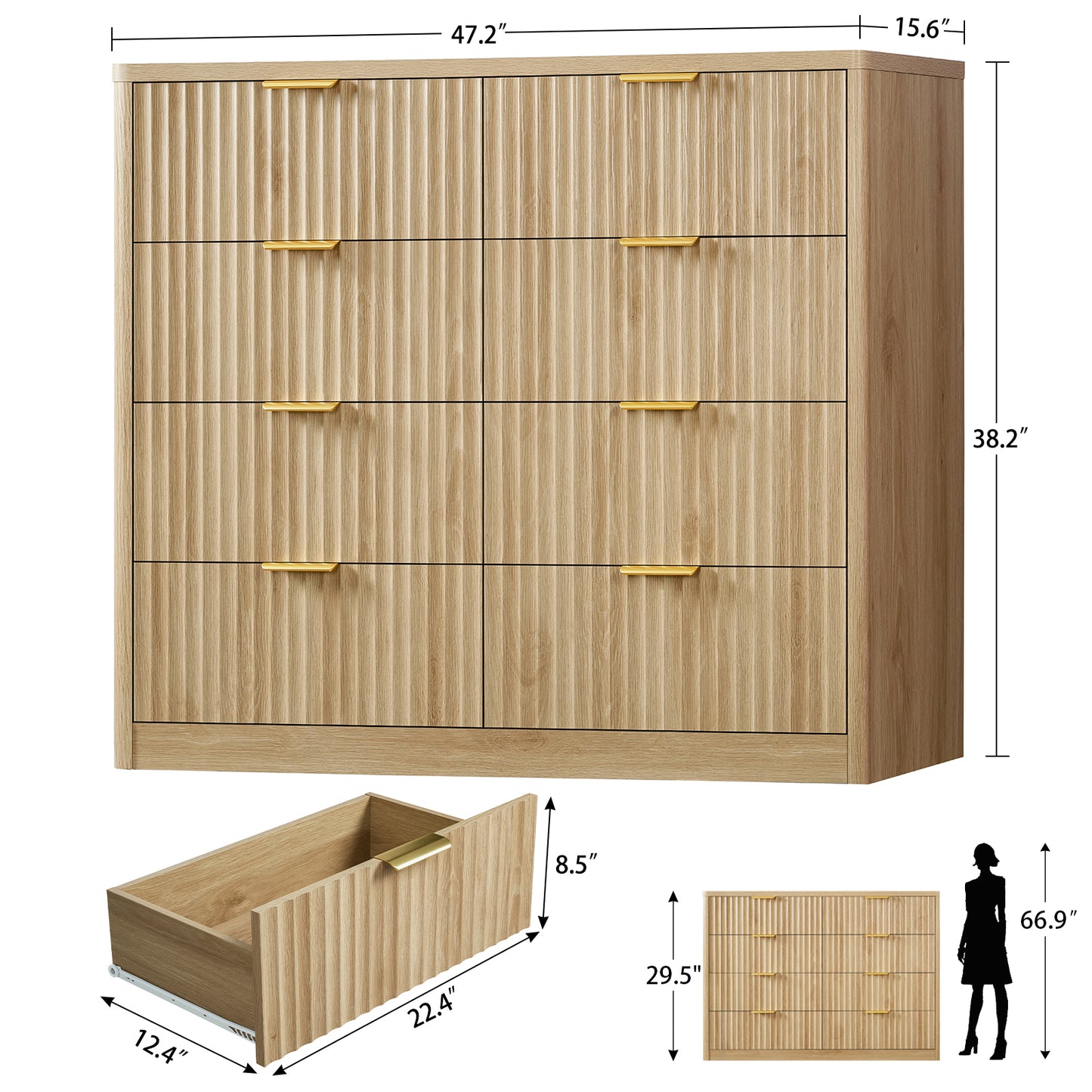 TEENOFN Fluted Dresser for Bedroom with 8 Drawers, 47.2" Wide Modern Chest of Drawers with Metal Handle, Dresser TV Stand, Wood Closet Clothes Storage Organizer for Living Room, Hallway, Natural