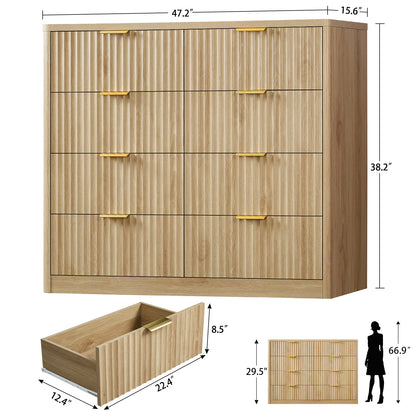 TEENOFN Fluted Dresser for Bedroom with 8 Drawers, 47.2" Wide Modern Chest of Drawers with Metal Handle, Dresser TV Stand, Wood Closet Clothes Storage Organizer for Living Room, Hallway, Natural
