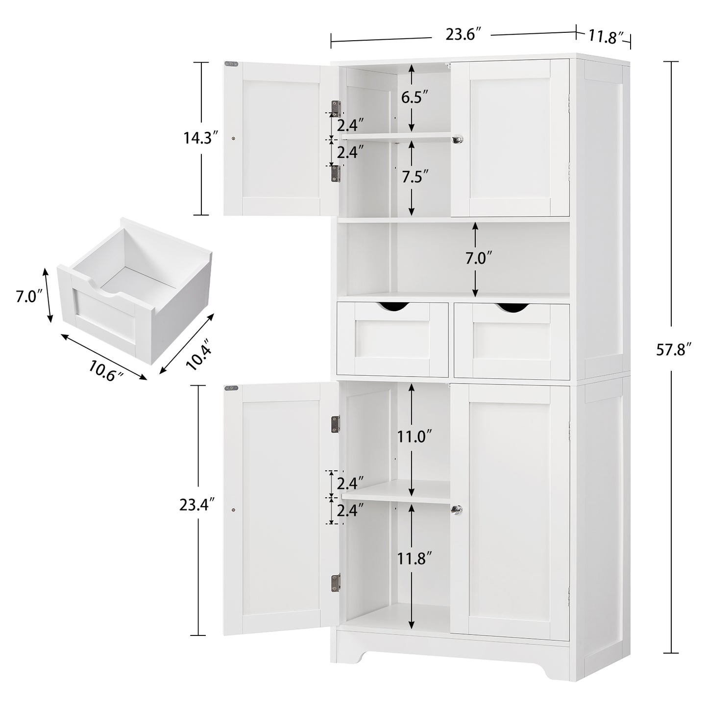 57.8" H Tall Storage Cabinet with 2 Drawers & 2 Adjustable Shelves, Floor Cabinet with 4 Doors, Tall Cabinet for Living Room, Dining Room, Entryway, Black