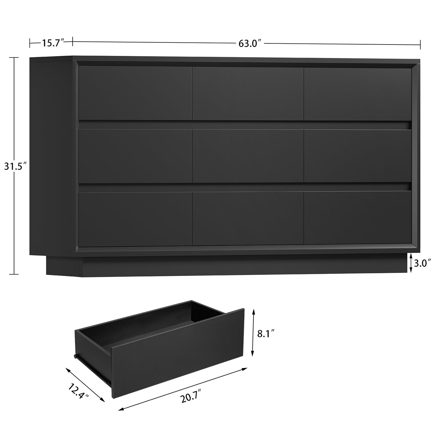 TEENFON 63" Dresser for Bedroom with 9 Drawers, Black Dresser with Metal Slide, Bedroom Dressers, Wood Dressers & Chests of Drawers for Bedroom, Hallway, Black