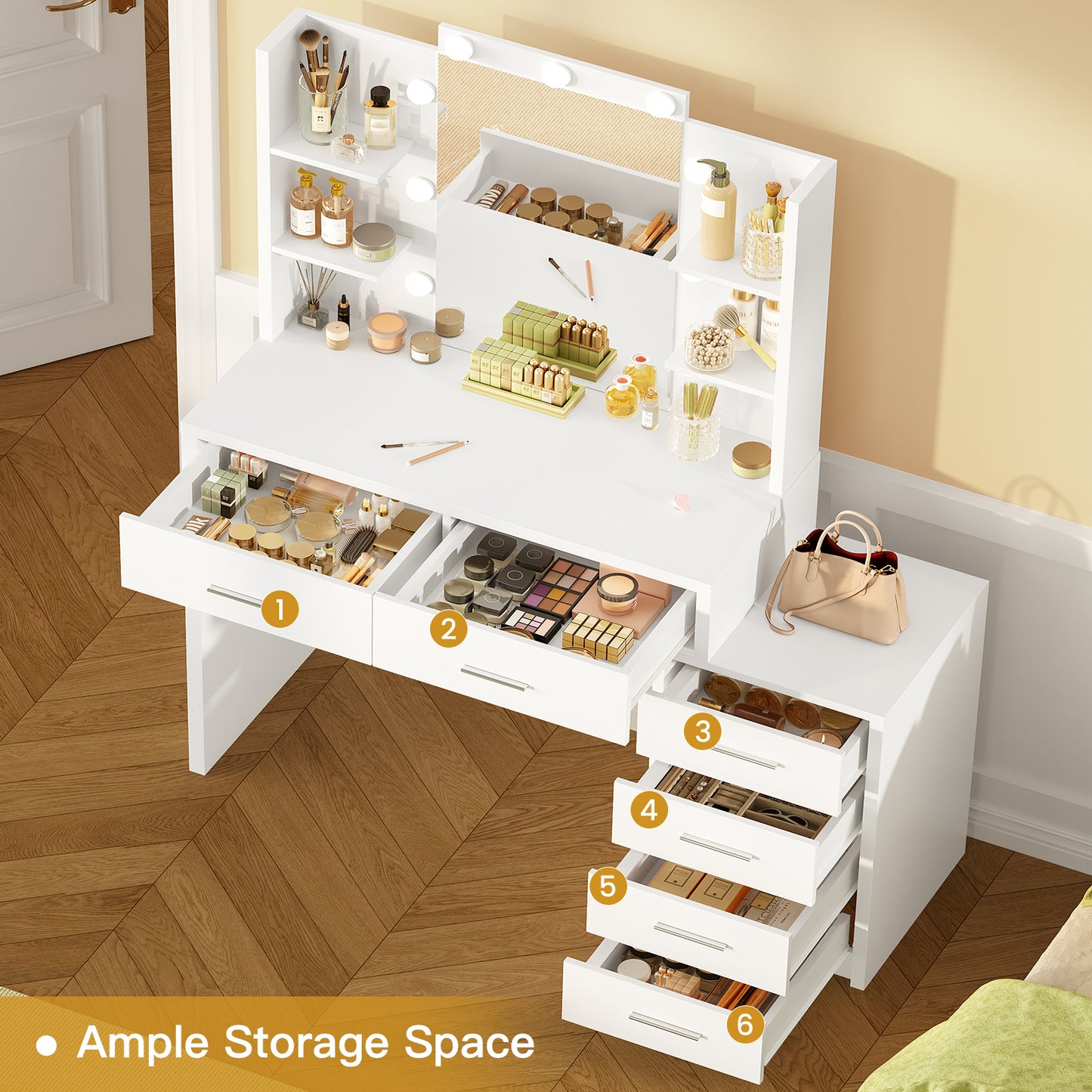 TEENFON Morden Vanity Desk with Mirror & 9 LED Lights Makeup Vanity 6 Drawers 6 Open Shelves White Vanity Table for Bedroom Women Girls