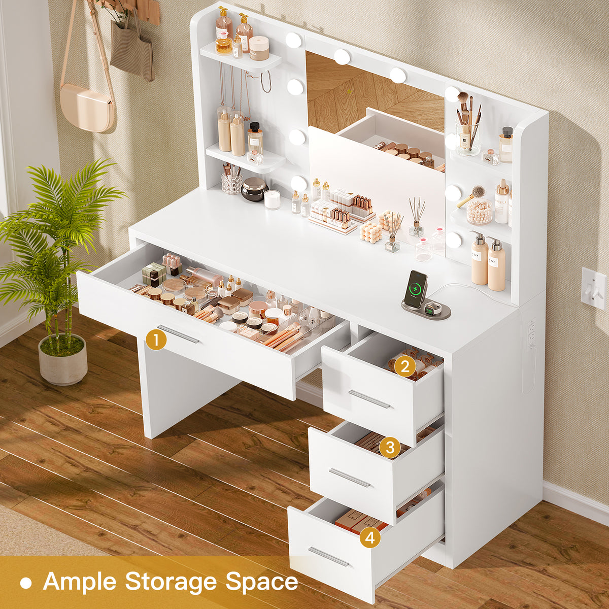 TEENFON Vanity Desk with Mirror and Lights, Makeup Vanity with Power Outlet and 4 Drawers & 6 Shelves & 5 Hooks, 3 Color Modes & Adjustable Brightness, White Vanity for Bedroom
