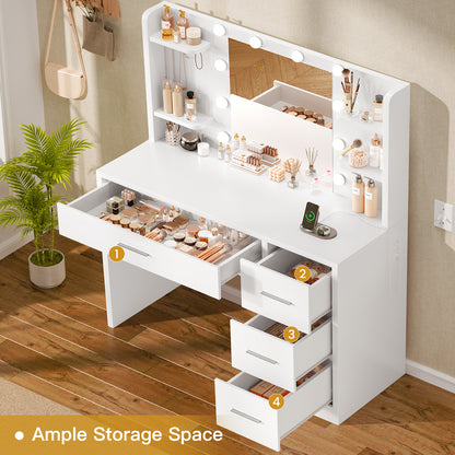 TEENFON Vanity Desk with Mirror and Lights, Makeup Vanity with Power Outlet and 4 Drawers & 6 Shelves & 5 Hooks, 3 Color Modes & Adjustable Brightness, White Vanity for Bedroom