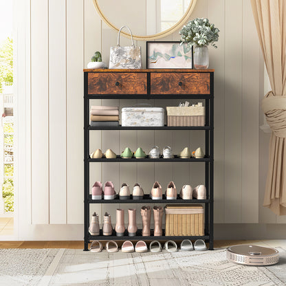 TEENFON Shoe Rack, 5 Tier Shoe Storage Organizer with 2 Drawers, Metal Shoe Shelf for 12-16 Pairs of Shoes, with 4 Oxford Fabric Shelves and Wooden Top, Shoe Stand for Closet Entryway, Rustic Brown