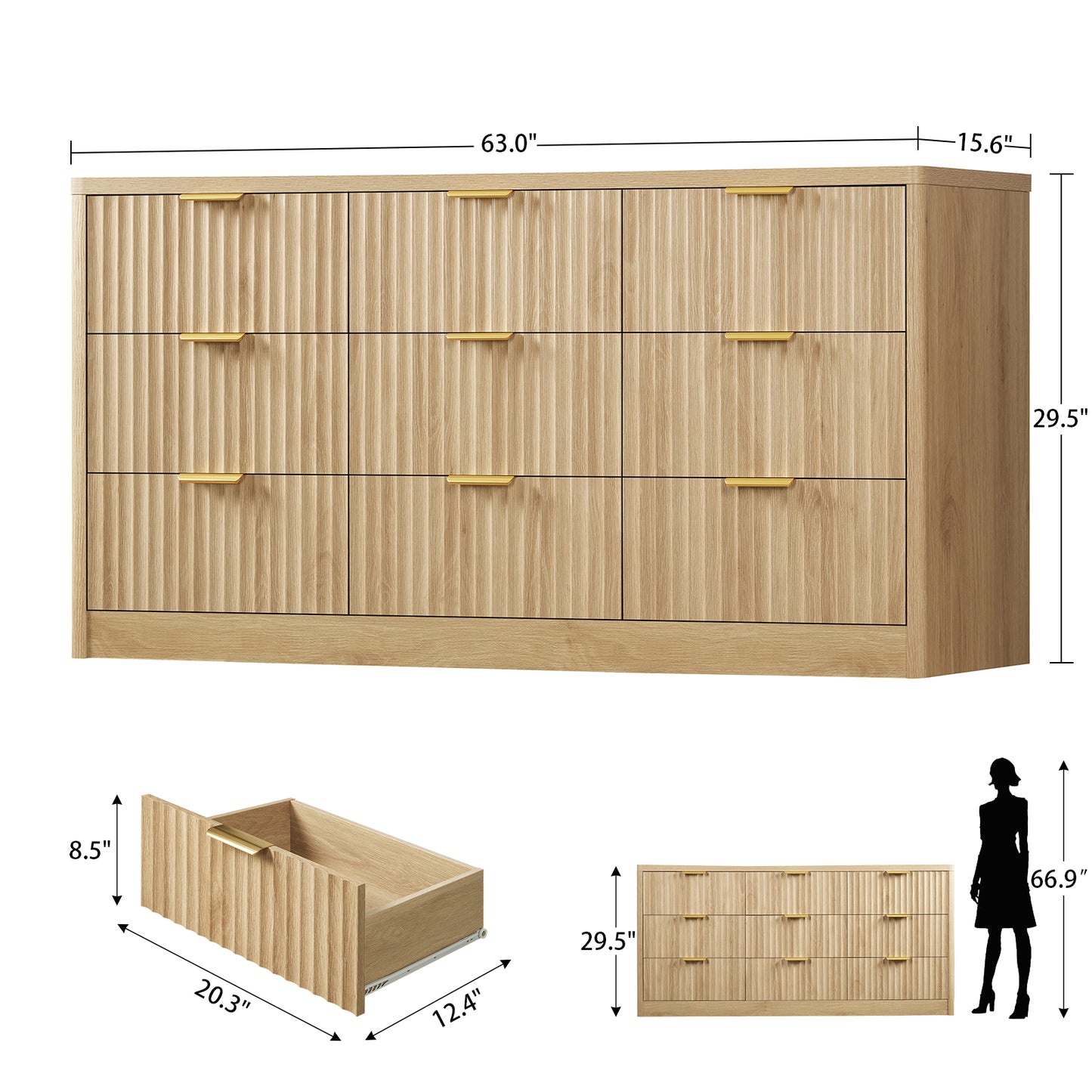 TEENFON Fluted Dresser for Bedroom with 9 Drawers, 63" Wide Modern Chest of Drawers with Metal Handle & Curved Profile Design, Wood Closet Clothes Storage Organizer for Living Room, Hallway, Natural