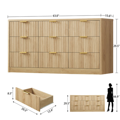 TEENFON Fluted Dresser for Bedroom with 9 Drawers, 63" Wide Modern Chest of Drawers with Metal Handle & Curved Profile Design, Wood Closet Clothes Storage Organizer for Living Room, Hallway, Natural