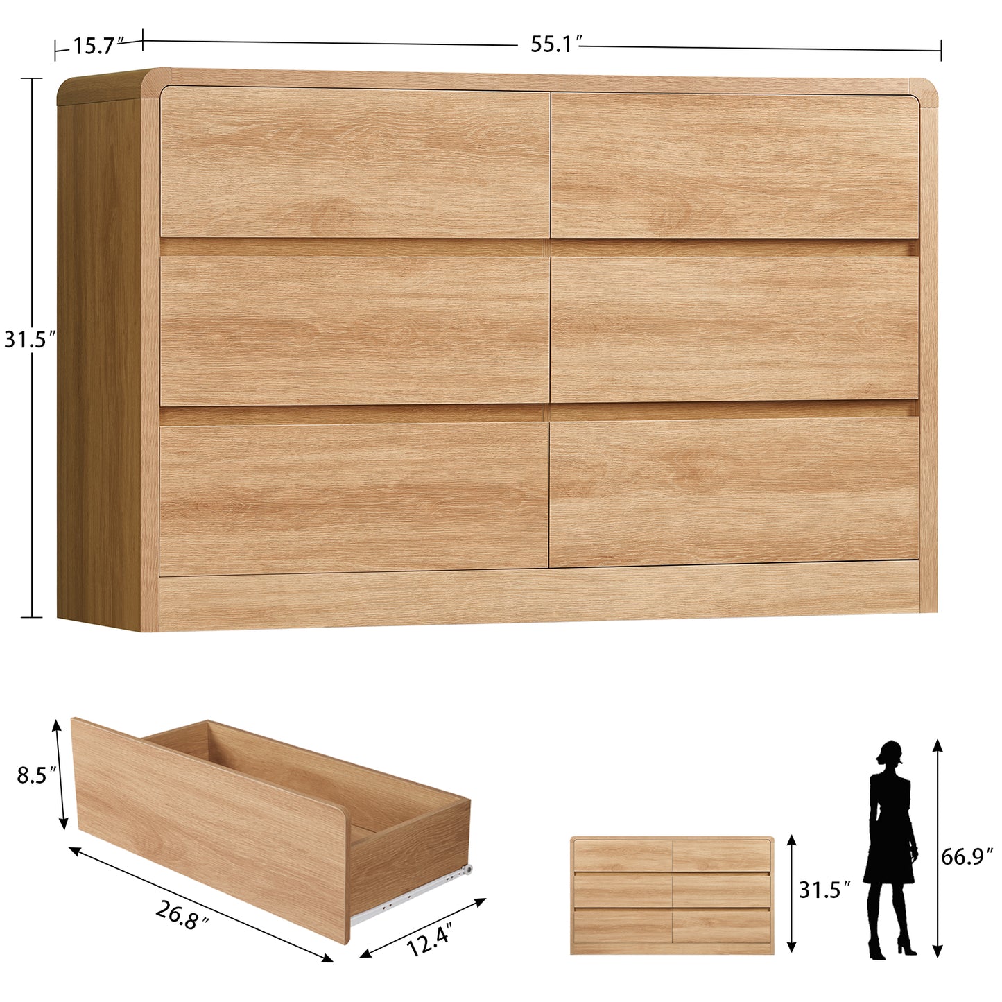 TEENFON 6 Drawer Dresser for Bedroom, 55" Wide Dressers & Chest of Drawers with Curved Profile Design, Wood Closet Storage Dressers Organizer for Bedroom, Living Room, Natural