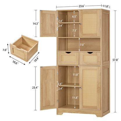 57.8" H Tall Storage Cabinet with 2 Drawers & 2 Adjustable Shelves, Floor Cabinet with 4 Doors, Tall Cabinet for Living Room, Dining Room, Entryway, Black