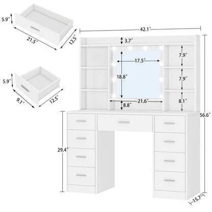 TEENFON Dressing Table with 3-Color LED Lights Mirror, Adjustable Brightness, Vanity Table Makeup Desk with 9 Drawers and 7 Storage Shelves, Modern Vanity Desk for Bedroom Dressing Room, White