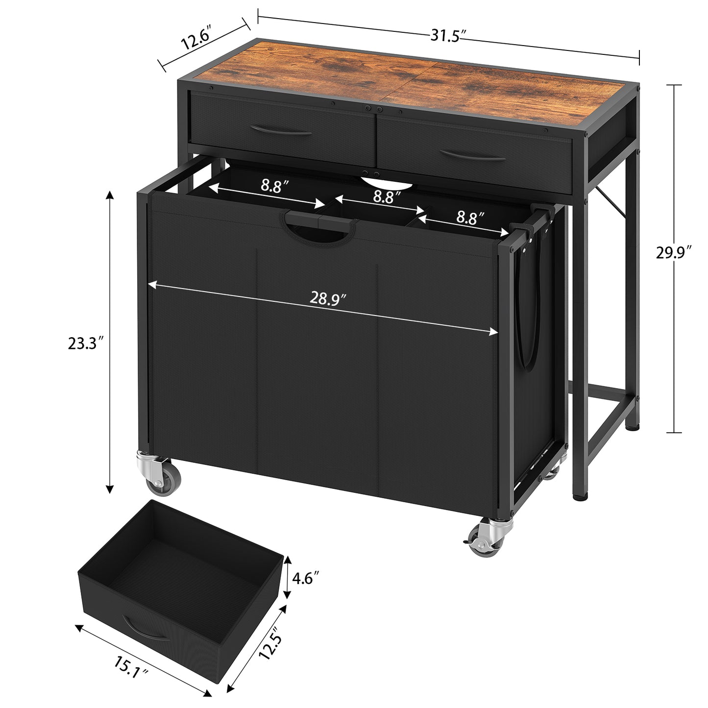 Laundry Sorter, Rolling Laundry Hamper with 3 Section Pull-Out Bags, Laundry Basket Organizer with 2 Drawers & 2-Tone Top Panel, Laundry Hamper with Wheels for Laundry Room Organization, Bathroom