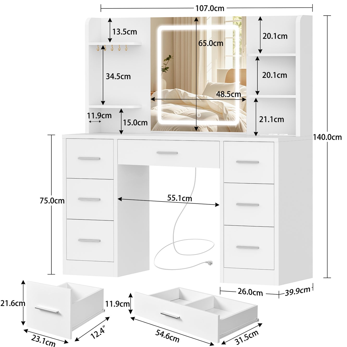 TEENFON Makeup Vanity with Dimmable LED Lights and Outlets, Makeup Table with Mirror, 4 Open Shelves, and 5 Jewelry Hooks, White, Vanity with 7 Drawers + LED Lights