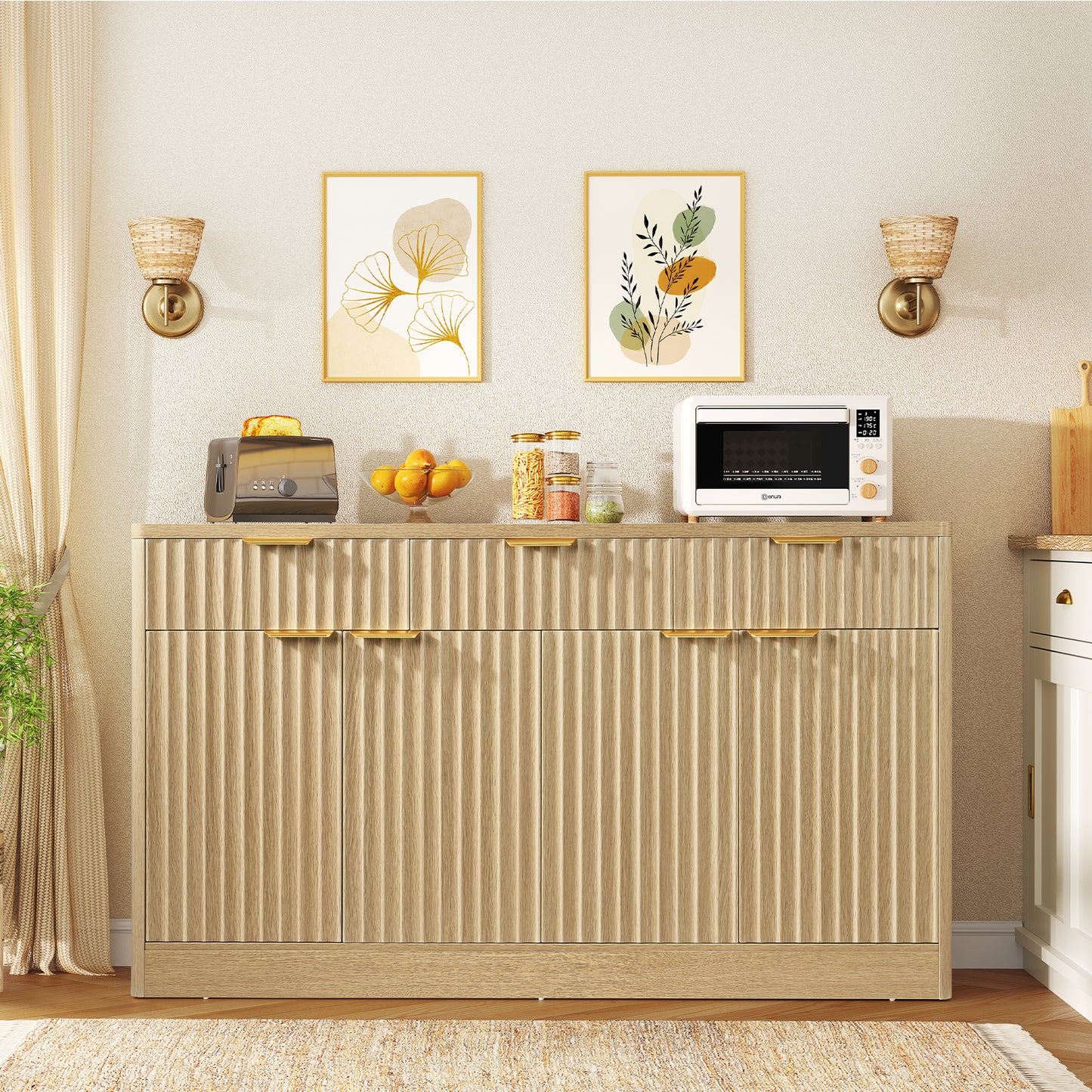 TEENEON Large Fluted Buffet Cabinet with 3 Drawers & 4 Doors, Sideboard Cabinet with 2 Adjustable Shelves, Coffee Bar Storage Cabinet for Kitchen, Living Room, Natural