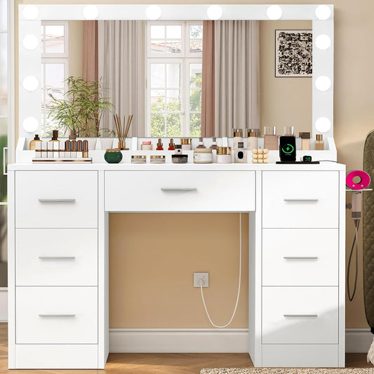TEENFON Vanity with Large Mirror and 12 LED Lights, Vanity Desk with 7 Drawers & Hairdryer Holder, Makeup Vanity Desk with Charging Station for Women, Girls, 3 Lighting Color Adjustable, White