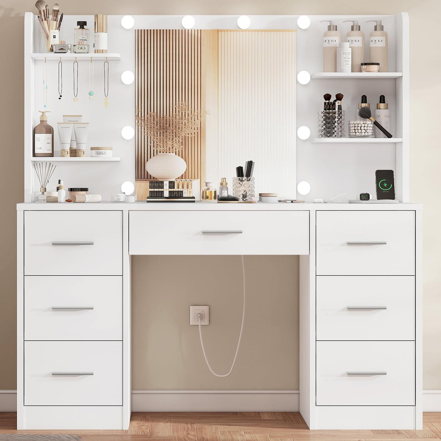 TEENFON Large Vanity Desk with LED Lighted Mirror & Power Outlet,Makeup Vanity Table with 7 Drawers,4 Shelves and 5 Hooks,Vanity Table, Vanity Desk Set for Bedroom,Bathroom,White