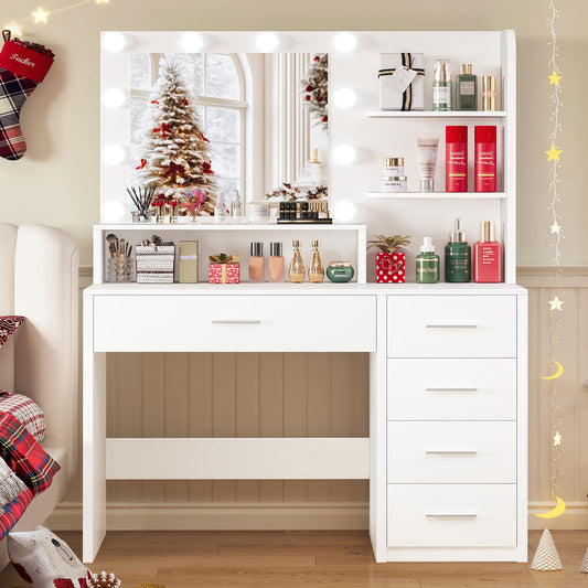 TEENFON Vanity Desk with Mirror and Lights, Makeup Vanity with 5 Drawers and 3 Storage Shelves, 3 Color Modes & Adjustable Brightness Dressing Table, Vanity for Girls, White