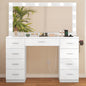 TEENFON 46" Vanity Desk with Glass Top & Lights Mirror, 3 Adjustable Lighting Color, Makeup Vanity with 9 Drawers and 12 LED Lights, Dressing Table for Bedroom, Vanity for Girls, White