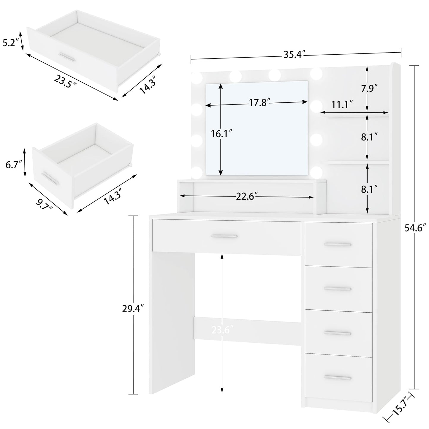 TEENFON Vanity Desk with Mirror and Lights, Makeup Vanity with 5 Drawers and 3 Storage Shelves, 3 Color Modes & Adjustable Brightness Dressing Table, Vanity for Girls, White