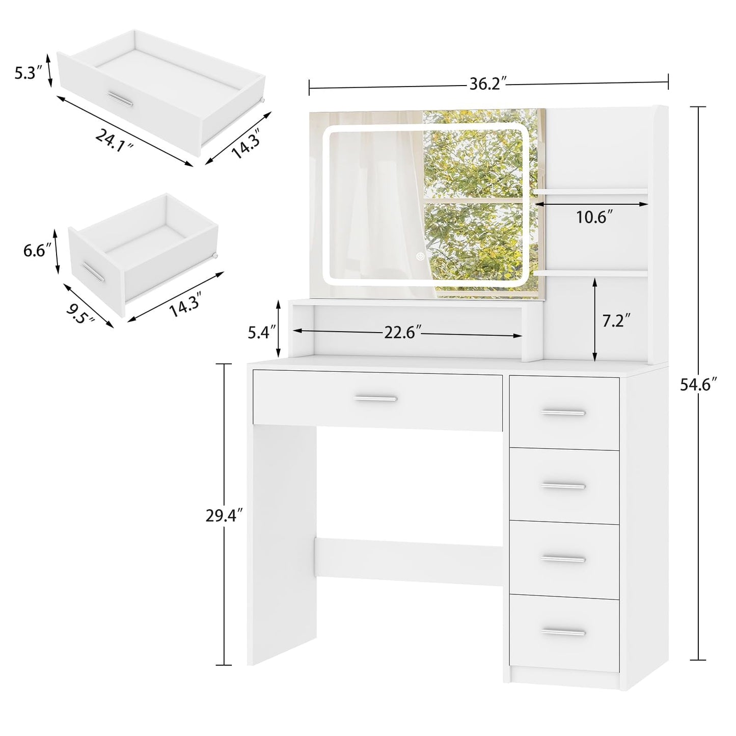 TEENFON Vanity Desk with Touch LIighted Mirror, Makeup Vanity Desk with 5 Drawers & Storage Shelves, Vanity Table, 3 Color Modes & Adjustable Brightness Dressing Table, Bedroom