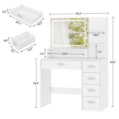 TEENFON Vanity Desk with Touch LIighted Mirror, Makeup Vanity Desk with 5 Drawers & Storage Shelves, Vanity Table, 3 Color Modes & Adjustable Brightness Dressing Table, Bedroom