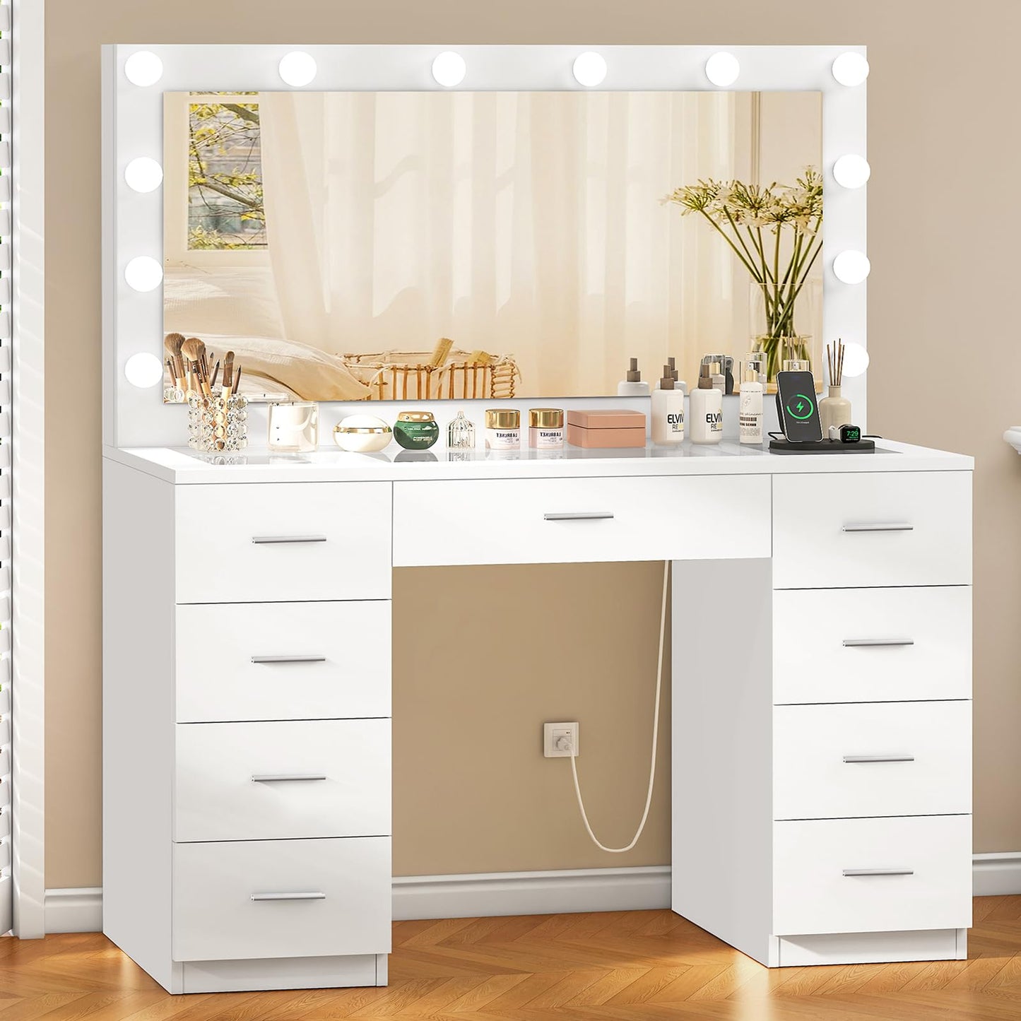 TEENFON 46" Vanity Desk with Glass Top & Lights Mirror, 3 Adjustable Lighting Color, Makeup Vanity with 9 Drawers and 12 LED Lights, Dressing Table for Bedroom, Vanity for Girls, White