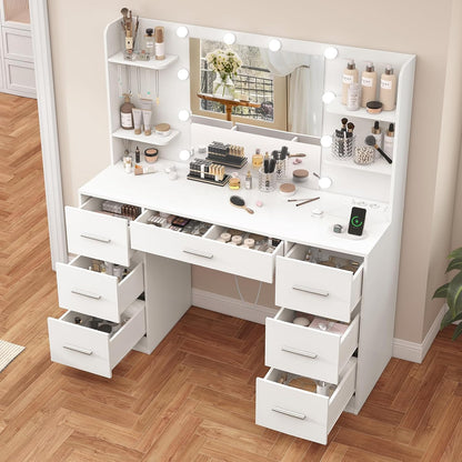 TEENFON Large Vanity Desk with LED Lighted Mirror & Power Outlet,Makeup Vanity Table with 7 Drawers,4 Shelves and 5 Hooks,Vanity Table, Vanity Desk Set for Bedroom,Bathroom,White