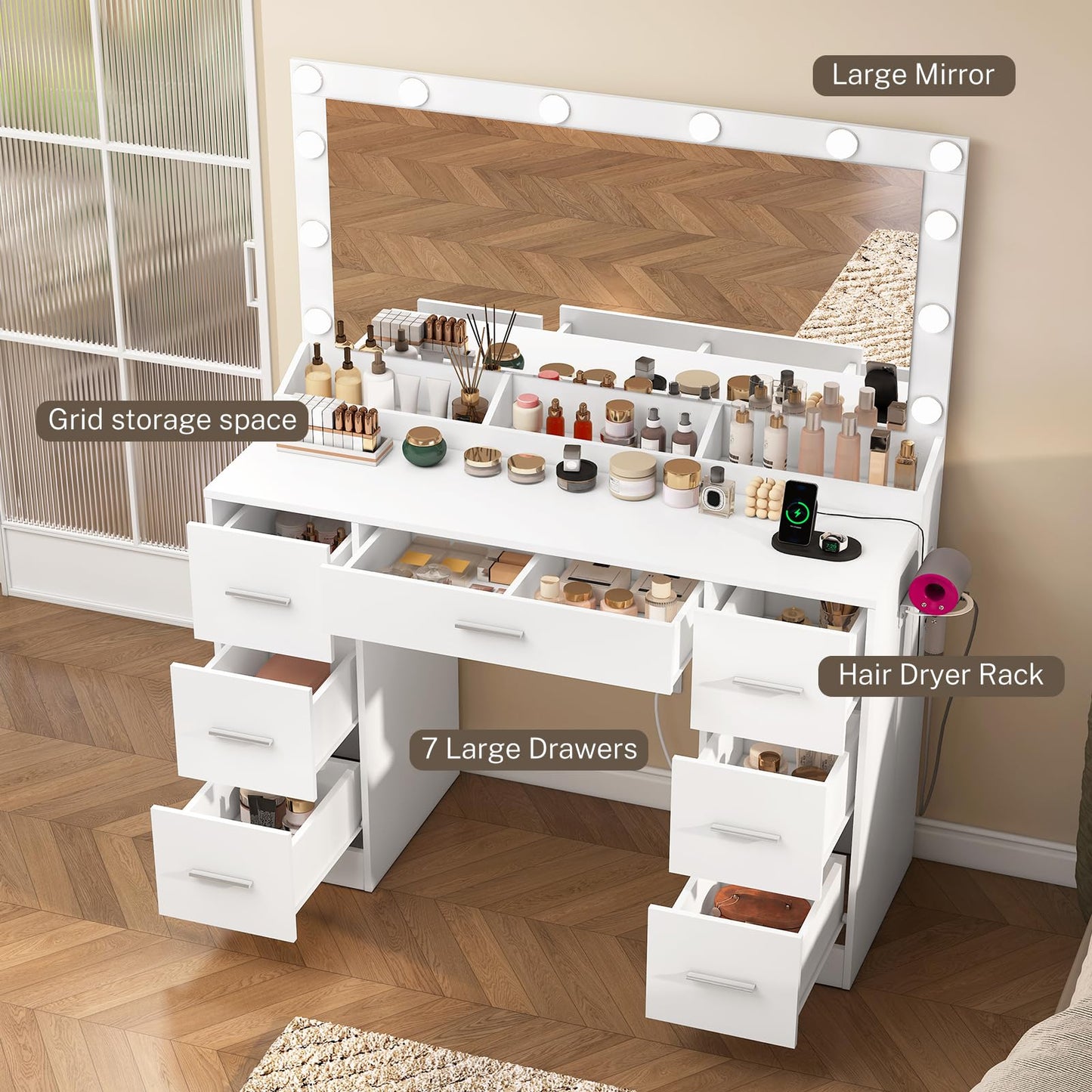 TEENFON Vanity with Large Mirror and 12 LED Lights, Vanity Desk with 7 Drawers & Hairdryer Holder, Makeup Vanity Desk with Charging Station for Women, Girls, 3 Lighting Color Adjustable, White