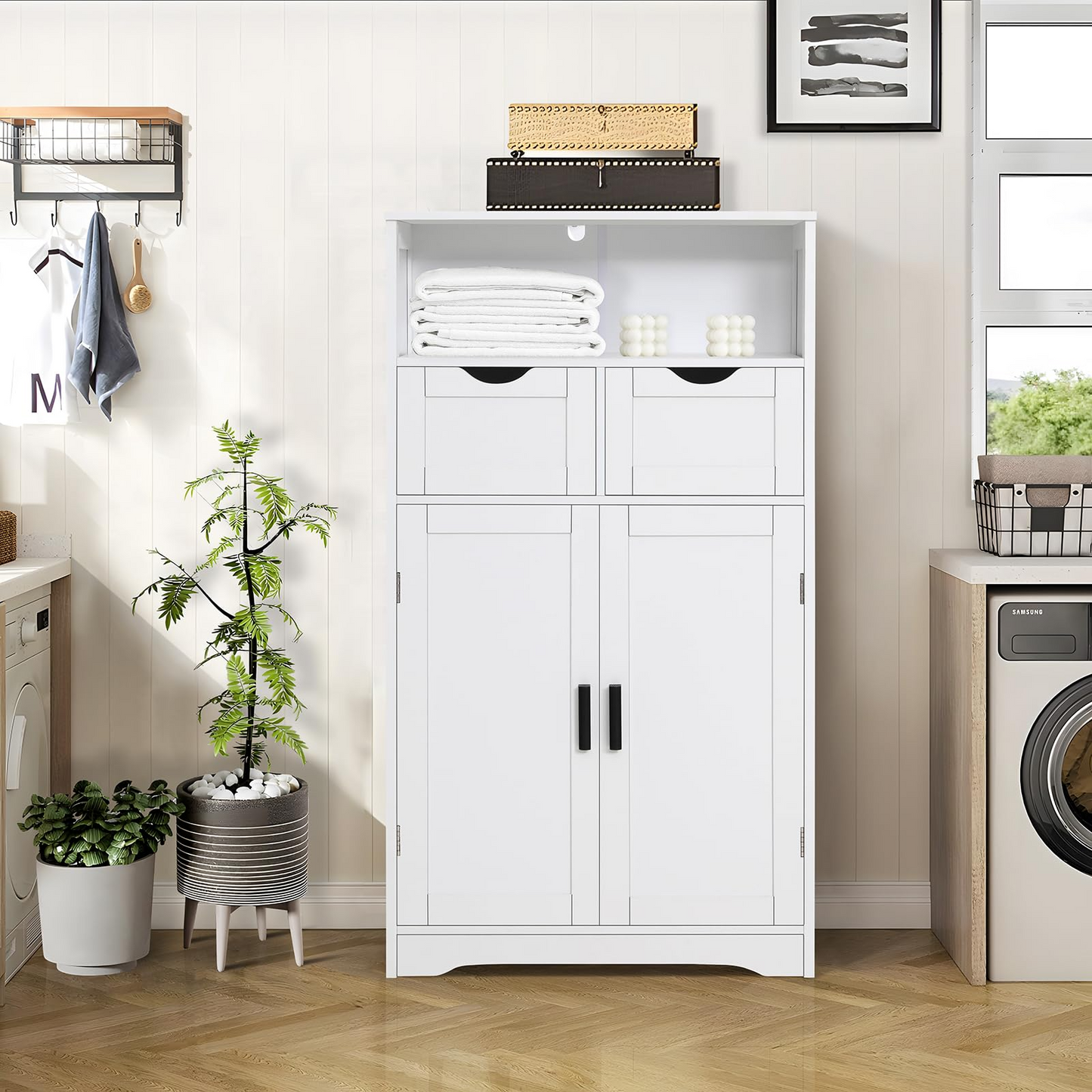 TEENFON Bathroom Cabinet with Doors and Drawers, Freestanding Bathroom Storage Cabinet, Adjustable Shelves, for Living Room, Kitchen, Home Office, White