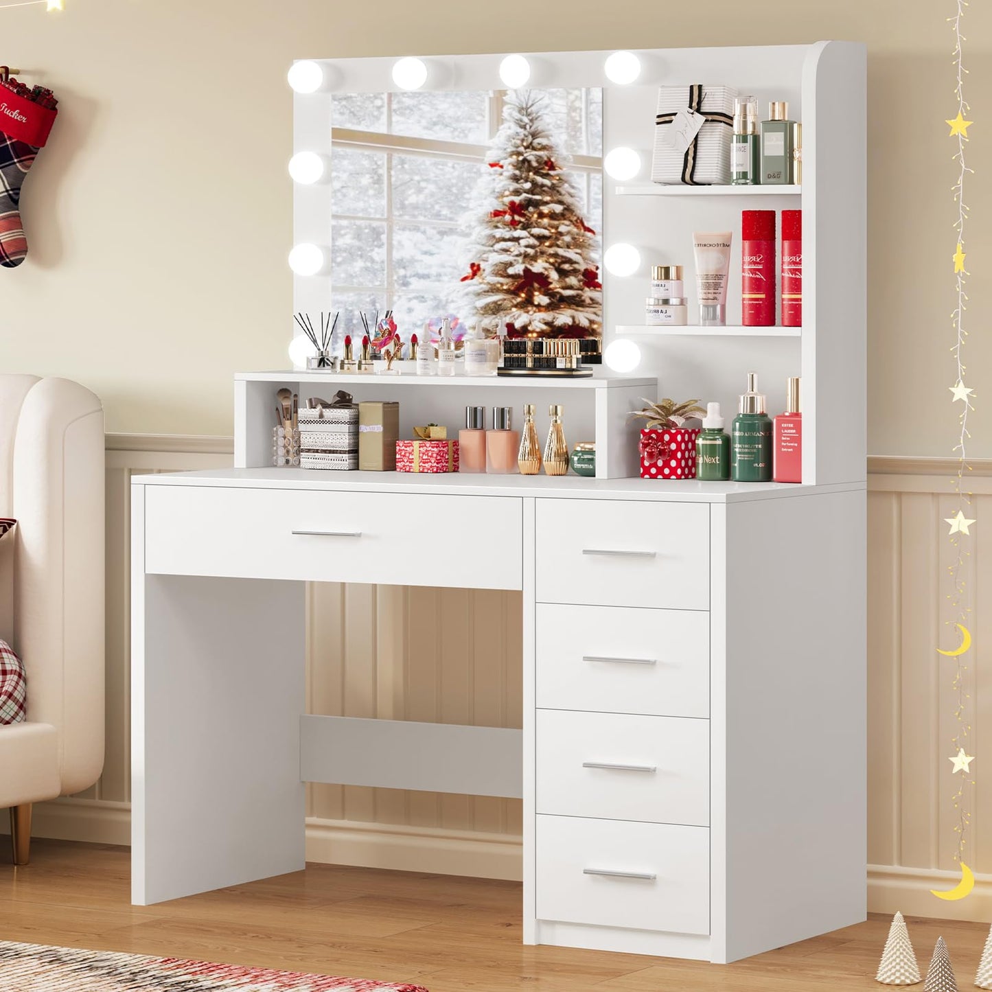 TEENFON Vanity Desk with Mirror and Lights, Makeup Vanity with 5 Drawers and 3 Storage Shelves, 3 Color Modes & Adjustable Brightness Dressing Table, Vanity for Girls, White