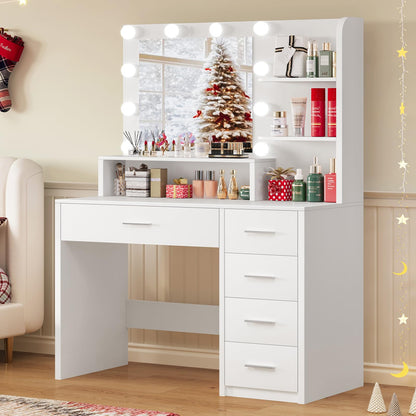 TEENFON Vanity Desk with Mirror and Lights, Makeup Vanity with 5 Drawers and 3 Storage Shelves, 3 Color Modes & Adjustable Brightness Dressing Table, Vanity for Girls, White