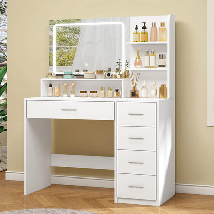 TEENFON Vanity Desk with Touch LIighted Mirror, Makeup Vanity Desk with 5 Drawers & Storage Shelves, Vanity Table, 3 Color Modes & Adjustable Brightness Dressing Table, Bedroom