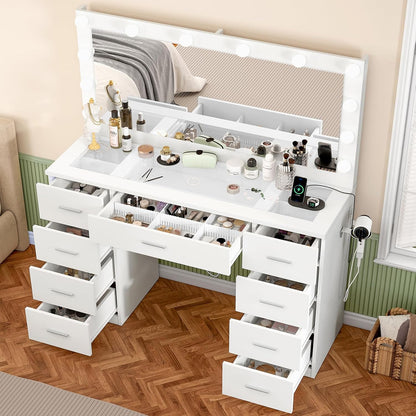 TEENFON 46" Vanity Desk with Glass Top & Lights Mirror, 3 Adjustable Lighting Color, Makeup Vanity with 9 Drawers and 12 LED Lights, Dressing Table for Bedroom, Vanity for Girls, White