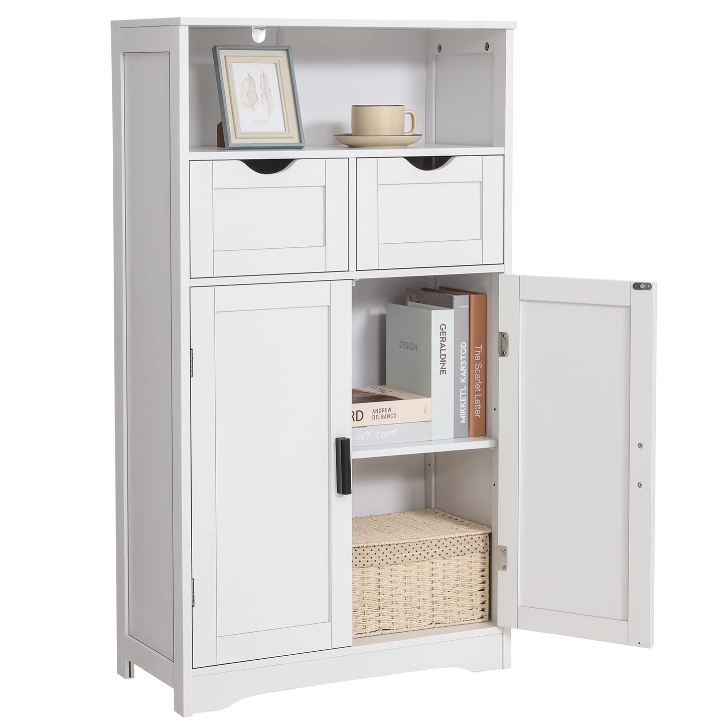 TEENFON Bathroom Cabinet with Doors and Drawers, Freestanding Bathroom Storage Cabinet, Adjustable Shelves, for Living Room, Kitchen, Home Office, White