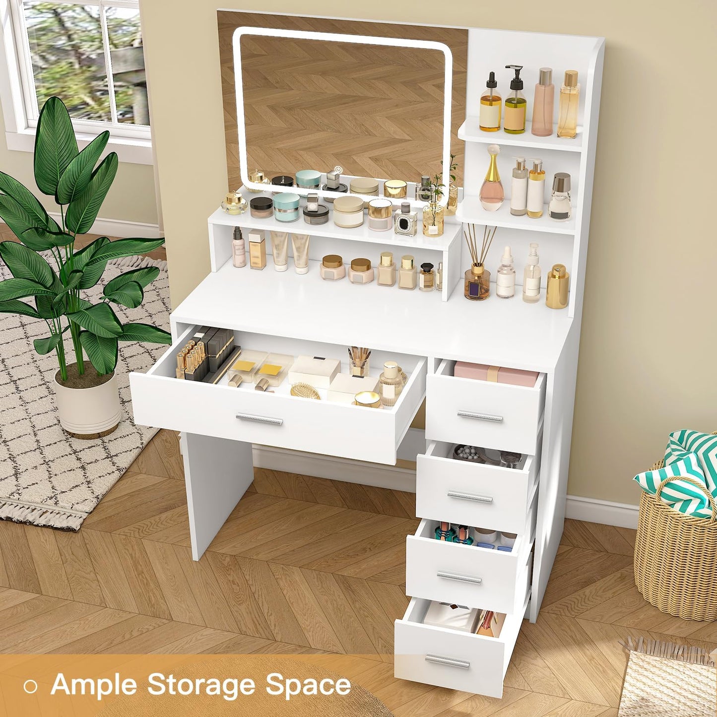 TEENFON Vanity Desk with Touch LIighted Mirror, Makeup Vanity Desk with 5 Drawers & Storage Shelves, Vanity Table, 3 Color Modes & Adjustable Brightness Dressing Table, Bedroom