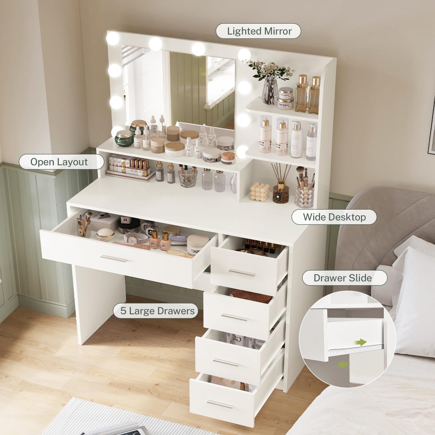 TEENFON Vanity Desk with Mirror and Lights, Makeup Vanity with 5 Drawers and 3 Storage Shelves, 3 Color Modes & Adjustable Brightness Dressing Table, Vanity for Girls, White