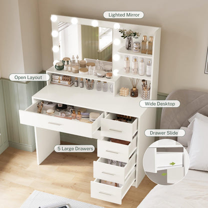 TEENFON Vanity Desk with Mirror and Lights, Makeup Vanity with 5 Drawers and 3 Storage Shelves, 3 Color Modes & Adjustable Brightness Dressing Table, Vanity for Girls, White