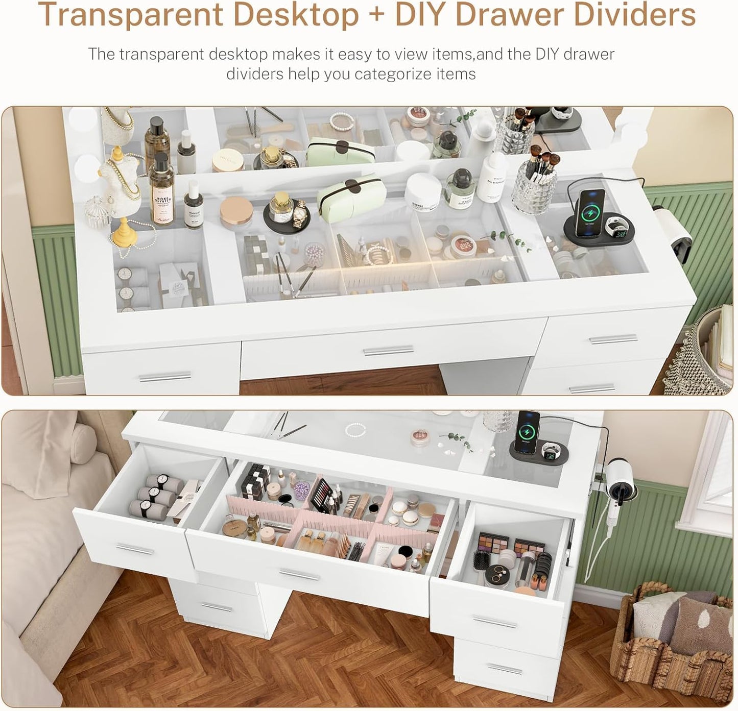 TEENFON 46" Vanity Desk with Glass Top & Lights Mirror, 3 Adjustable Lighting Color, Makeup Vanity with 9 Drawers and 12 LED Lights, Dressing Table for Bedroom, Vanity for Girls, White