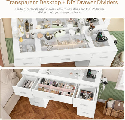 TEENFON 46" Vanity Desk with Glass Top & Lights Mirror, 3 Adjustable Lighting Color, Makeup Vanity with 9 Drawers and 12 LED Lights, Dressing Table for Bedroom, Vanity for Girls, White